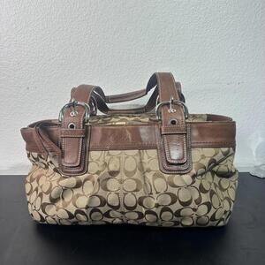 COACH Soho Y2K Shoulder Handbag Pleated Signature Canvas Leather Trim F13742 Zip